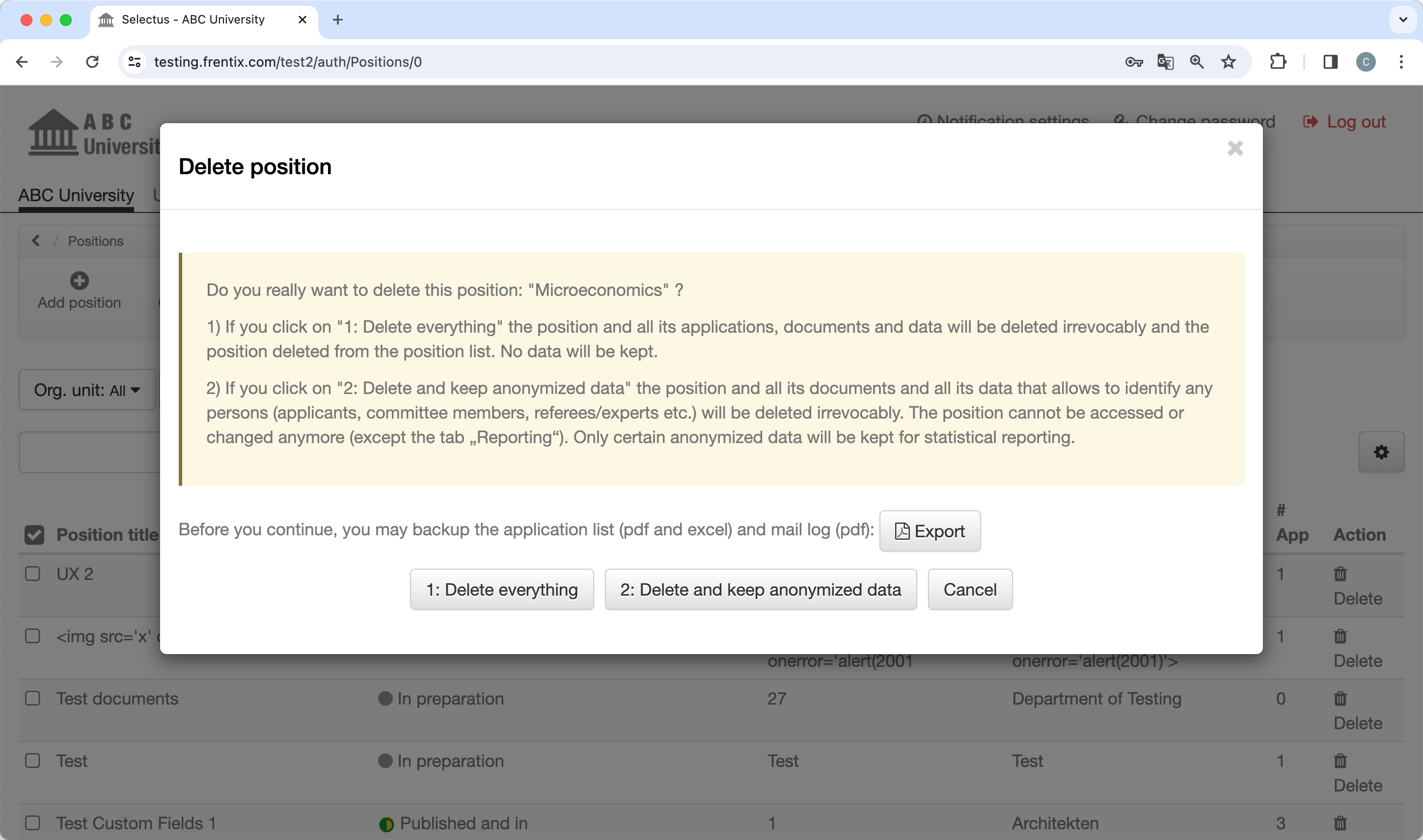 Screenshot of deleting position in Selectus