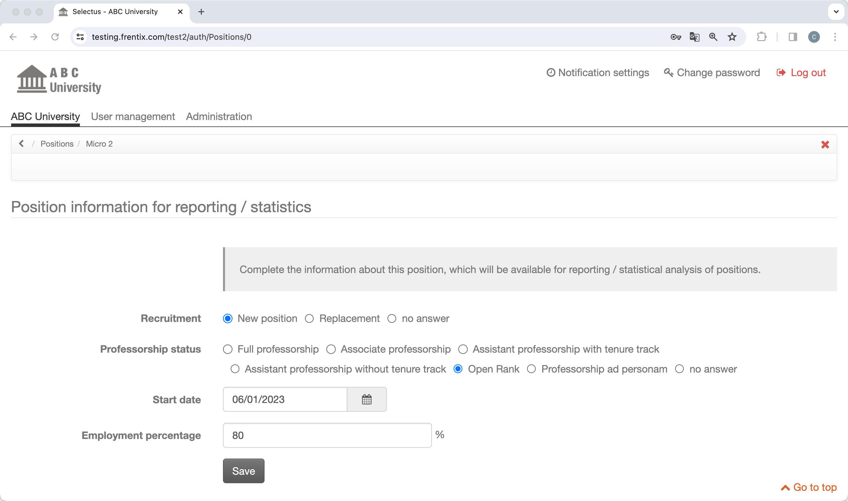 Screenshot of reporting fields in Selectus