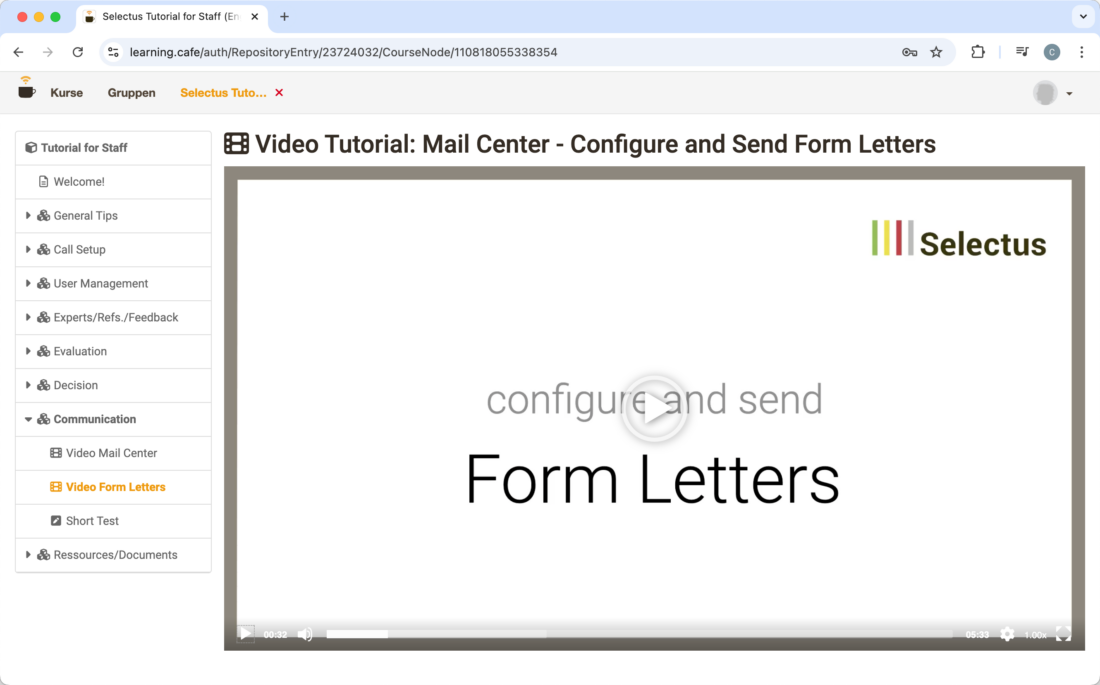 Screenshot of the Selectus Video Tutorial "Form letter" on learning.cafe